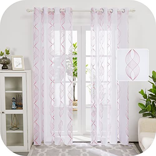 Deconovo Cortinas Dormitorio Salón Balcón para Ventana Visillos Cortinas con Ojales Moderno Diseño Bordado Ambiente Festivo, Rosa, 140 x 260cm