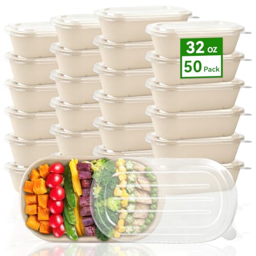 ZORRITA 50 Pack 32 oz Disposable Meal Prep Containers Sugarcane Fiber Paper Salad Bowls with Lids Take Out Food Container for Pasta Burrito Leftovers