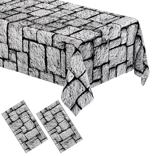 Image of WNINK 2 Pack Stone Wall Tablecloths, Medieval Brick Stone Plastic Table Cover Decoration for Halloween Birthday Party Supplies Medieval Castle Knight Themed