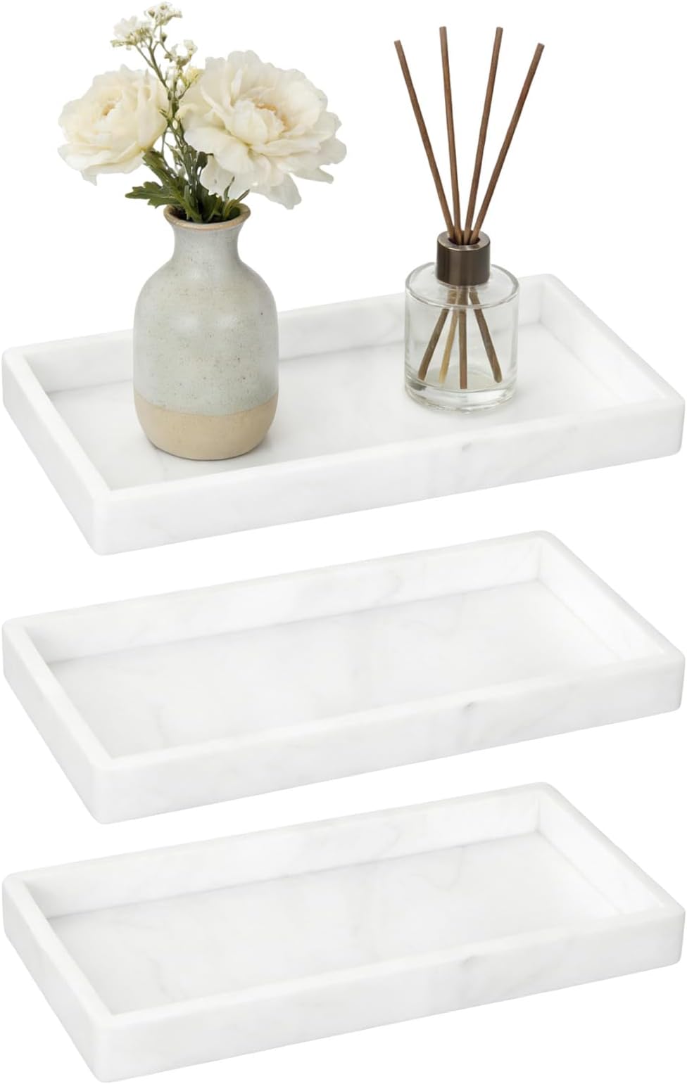3pcs Bathroom Tray, Silicone Vanity Tray Decorative Tray Rectangular, Shatterproof Jewelry Tray Cosmetic Tray Trinket Tray for Cloths Soap Candles Towel Plant Kitchen Sink (Marble White)