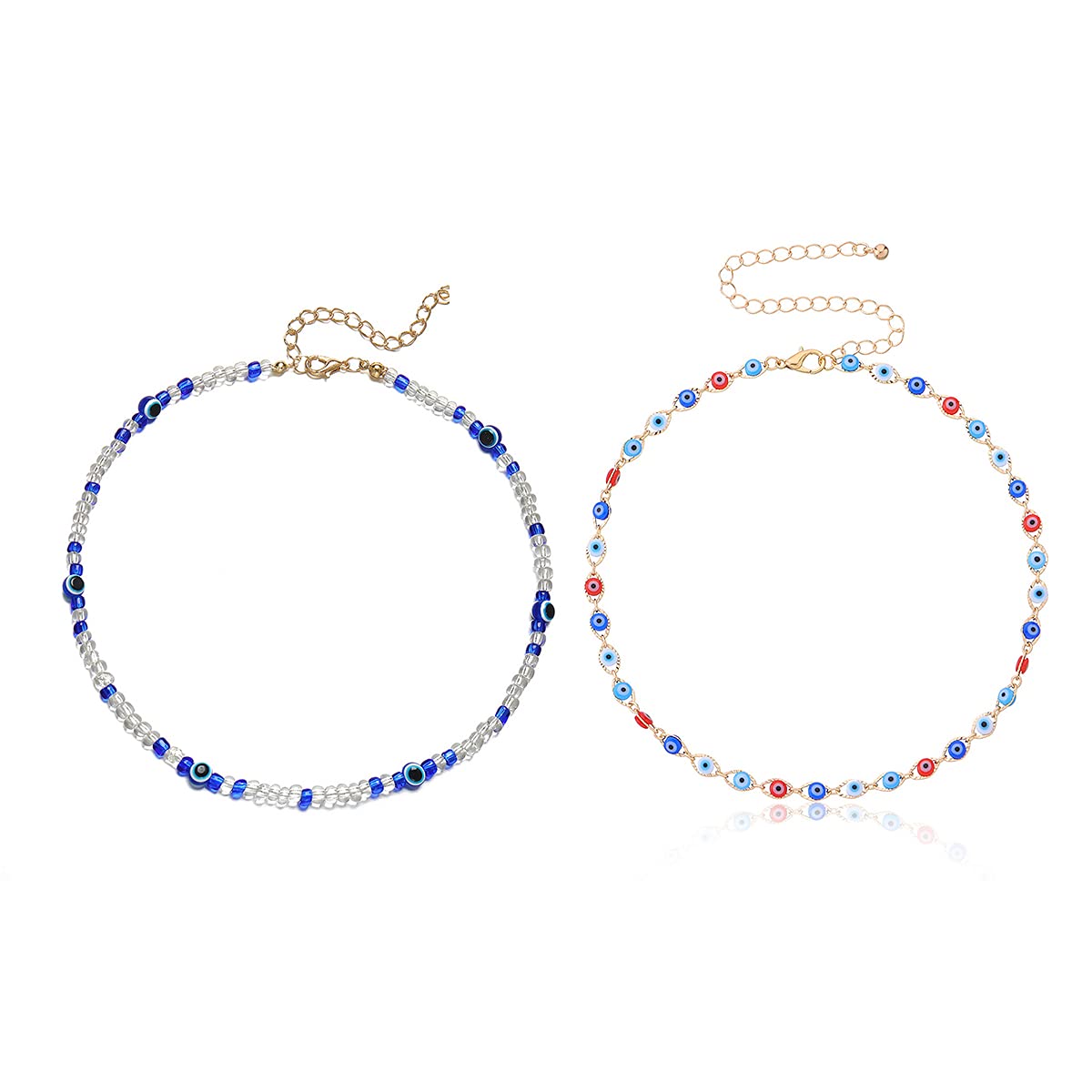 Evil Eye Rice Beaded Necklace Sets,Blue Eye Seed Beads Choker Necklace Colorful Evil Eyes Necklace Luck Protection Jewelry for Women Teen Girls