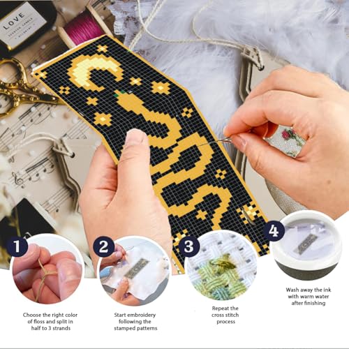 Image of INFUNLY 6 Set Sun Moon Cross Stitch Bookmark Kit for Beginners Star DIY Cross Stitch Kits 8.54 inchx2.99 inch Pre-Printed Snake Stamped Embroidery Bookmark Kit with Instruction for Book Lovers Reader