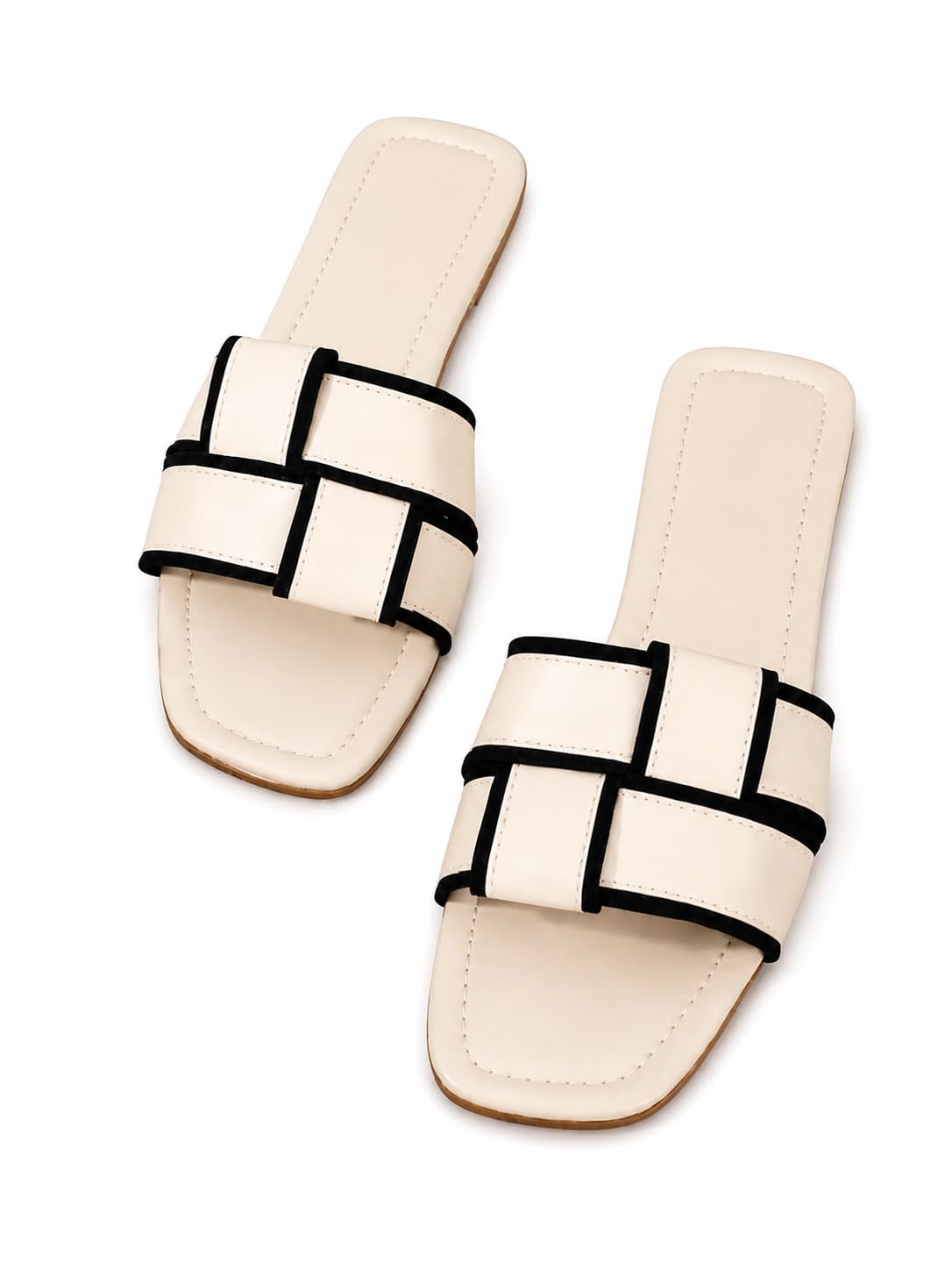 Women's Cream Flat Slide Sandals with Black Trim | Open Toe Slip-On Casual Slippers | Soft Cushioned Footbed | Lightweight Comfortable Flats for Everyday Wear-picture-50