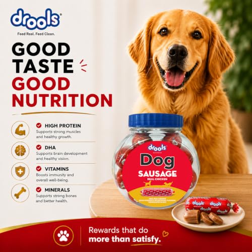 Image of Drools All Life Stages Dog Treats Sausage 10 Pieces Jar (550g) | Real Chicken Flavour | Supports Brain & Eye Development | Promotes Muscle Growth | Makes Tablet Administration Easier