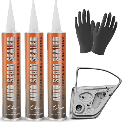 (3-Pack) Calvana Professional Automotive Seam Sealer, Polyurethane Sealant for Metal Surfaces of Cars, Trucks, and RVs, Includes 1 Pair of Gloves and Tip, Quick-Drying, Paintable, Black