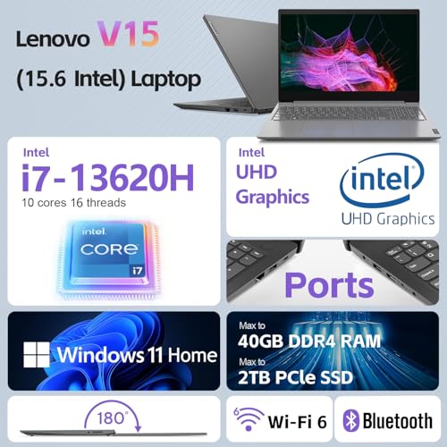 Image of Lenovo 15.6 Laptop Computer, Intel 10-Core i7-13620H, 24GB RAM, 1TB PCIe SSD, WiFi 6, Numeric Keypad, All-Day Power, USB-C HUB, Windows 11 Home, Copilot AI PC for Professionals, Students & Business