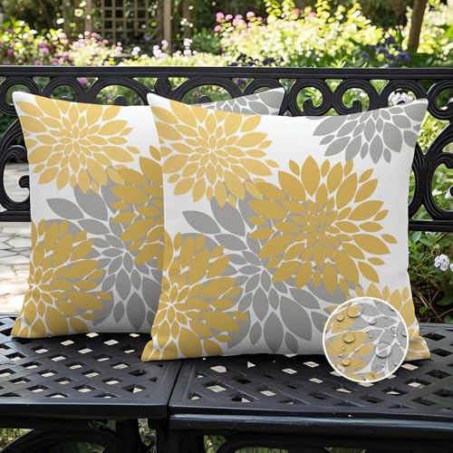 Ardjxue Housses Coussin 40x40cm Exterieur Imperméable Jaune et Gris Motif Dahlia Fleur Printemps...