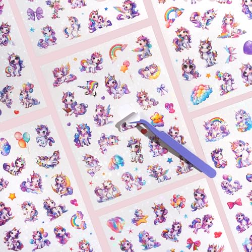 Einhorn Sticker Kinder, 8 PCS Glitzer Einhorn Aufkleber, Holografische Folie Entschieden, Geeignet für Bücher, Schultaschen, Tablets, Fahrräder, Trinkbecher