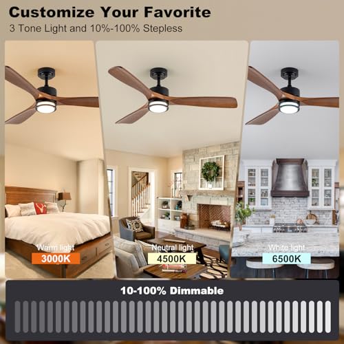 Image of 52 inch Outdoor Ceiling Fan with Light, 3 Walnut Solid Wood Blade, Remote Control, 3CCT Dimmable LED, Timer, 6-Speed Reversible Motor All-Weather Use for Living Room or Patio