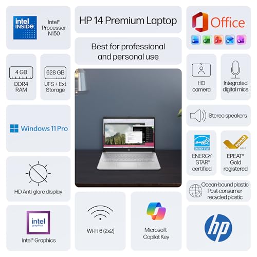 Image of HP Flagship 14 inch Laptop Computer for 2026 Business Student with Office Suite, Copilot AI, Intel Quad-Core CPU, 4GB RAM, 628GB Storage (128GB UFS+500GB Ext), Wi-Fi 6, HubxcelAccs, Win 11 Pro, Silver