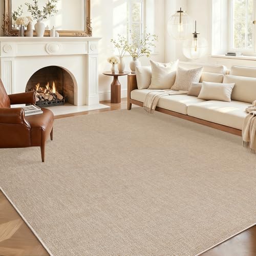 Garvee Large Washable Rug 9x12 Modern Solid Rugs for Living Room Non Slip Woven Textured Bedroom Rug Ultra-Thin Non-Shedding Farmhouse Carpet Neutral Foldable Throw Rugs for Bedroom Office Tan