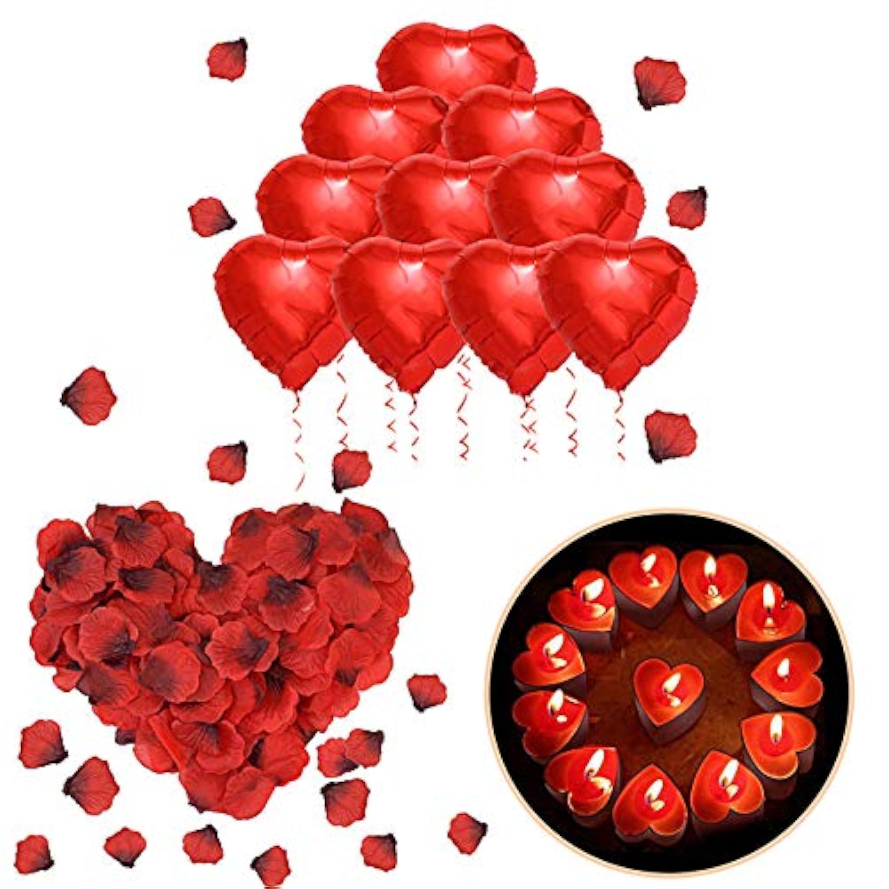 ASANMU Kit Romántico de Velas y Pétalos,globo de decoración de San Valentín,1000 Piezas Pétalos de Rosa+50 Rojo Velas en Forma de Corazón+10 Foil Globos Corazón Rojo Decoración para Bodas,San Valentín