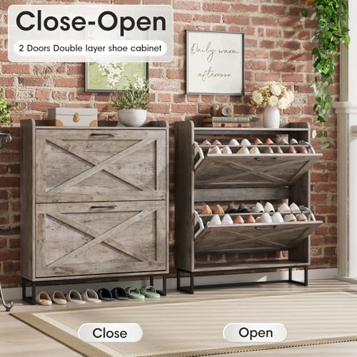 Image of Maupvit Shoe Storage Cabinet with 2 Flip Drawers, Freestanding Organizer with Metal Legs for Entryway, Narrow Shoe Rack Cabinet, Light Rustic Oak