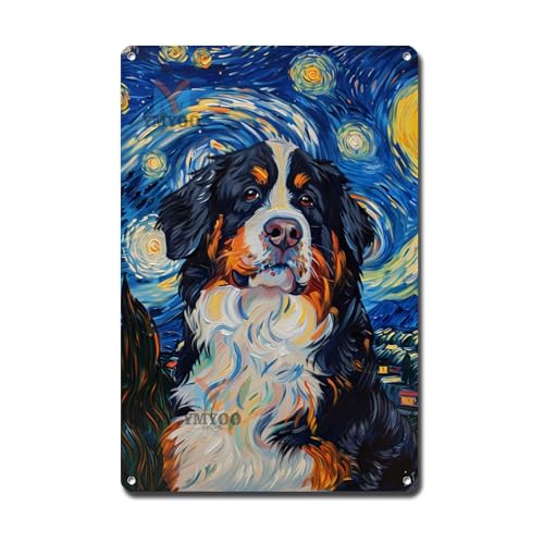 Ymyoo - Targa in metallo/latta vintage, decorazione da parete con cane da montagna bernese, notte stellata, sogno, gigante gentile in una notte su tela per casa, baita e decorazione stagionale