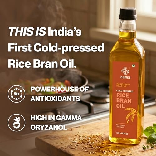 Image of Zama Cold Pressed Rice Bran Oil 1LTR (PET Bottle) | Kolhu /Kacchi Ghani /Chekku | Rich in Oryzanol & Omega-6 | Supports Heart Health & Cholesterol Control | Low Calorie, Natural & Farm Fresh Cooking Oil | Ideal for Stir & Deep Frying