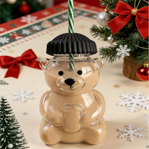 Image of New Glass Bear Straw Cup 600ML Cute Bear Glass Tumbler with Reusable Straw - Viral Animal Design for Smoothies, Boba & Iced Coffee (Black)