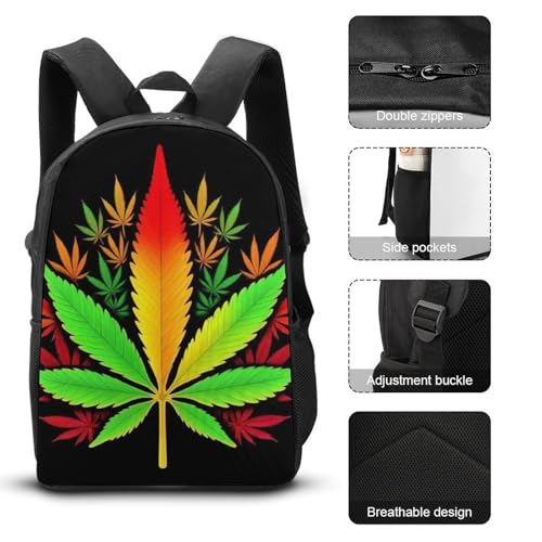 17 Inch Backpack with Lunch Bag and Pencil Case Set Rasta Flag Weedleaf Leaves Casual Daypack Insulated Lunch Box Stationery Organizer Pouch3