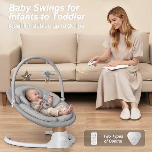 Image of Baby Swings for Infants, FasonBaby Electric Baby Swing with Music Speaker, 5 Speeds, Remote Control and Bluetooth - Portable Infant Swing for Indoor and Outdoor (Gray)