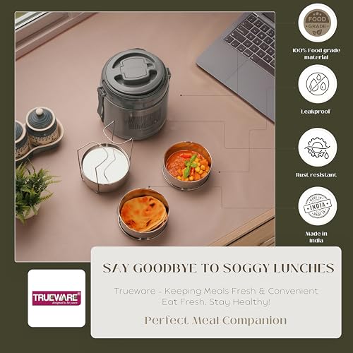 Image of Trueware Legend 3 Stainless Steel PU Insulated Hot and Cold Lunch Box with 3 SS Container 300 ML Each
