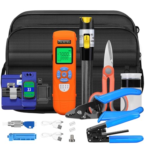 Fiber Optic Termination Tool Kit 11-in-1 Equipped Rechargeable Optical Power Meter L-C7 (-70 - +10 dBm) & VFL, Fiber Cleaver X5 and Wire Stripping Pliers, FTTH Hot melt/Cold Connection Tool Kit