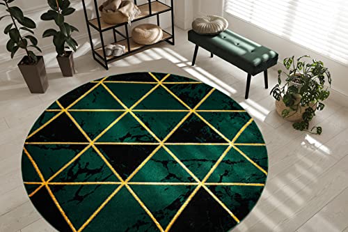 rugsx Tapis Exclusif Emerald Tapis Glamour, Tapis élégant, pour Le Salon, la Chambre à Coucher, Le Bureau, Le Dressing, Marbre, Triangles Vert Bouteille/Or Cercle 120 cm