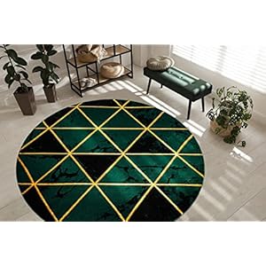 Tappeto esclusivo EMERALD Tappeto glamour, tappeto elegante per soggiorno, camera da letto, ufficio, guardaroba Marmo, Triangoli verde bottiglia / oro cerchio 160 cm