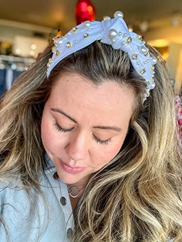 Pearl Knotted Headband For Women White Pearl Rhinestone Crystal Jeweled Embellished Hairband Fashion Elegant Ladies Wide Top Knot Bride Headband Boho Wide Head Band Headpieces Bachelorette Party Hair Accessories (Light Blue Knot Hairband) #TOP7