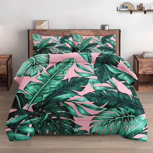 WeCozy Queen Size Comforter Set with 2 Pillowcases, Tropical Green
