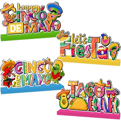 4Pcs Fiesta Party Decorations Wooden Centerpiece Happy Cinco De Mayo Party Decorations Taco Bar Table Topper Photo Props for Mexican Fiesta Party Tiered Tray Decor