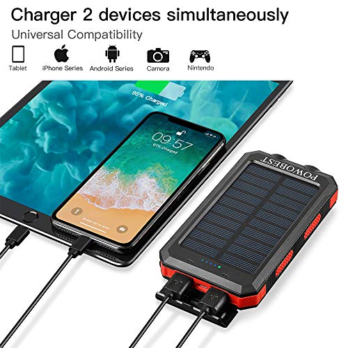10000mAh Solar Power Bank, POWOBEST Portable Solar Panels with Flashlight & Compass Waterproof Solar Power Bank, Solar Phone Charger-