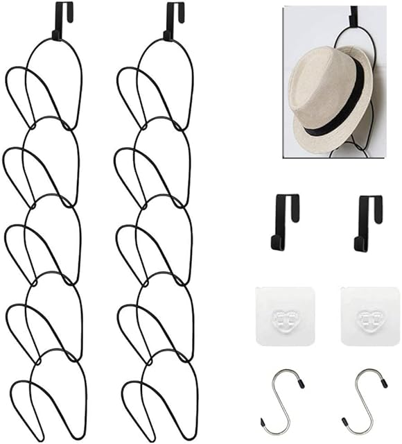 LINFIDITE 10 Pack Hat Rack Hanger Holder Organiser Closet Hanging Baseball Cap Display Storage Rack for Scarves Handbags Towels Clothes Ties Over Door Wall Mounted w Hanging Hook Black