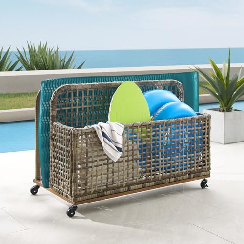 HomeStock Rustic Retreat Outdoor Wicker and Metal Pool Storage Caddy, Distressed Gray/Brown, 22.25 x 43.5 x 30 inches, Mobile Poolside Storage Caddy, Ample Storage, Convenient Pool Side Storage Unit