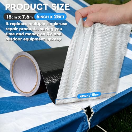 Image of Tikfoam Waterproof Repair Tape for RV Underbelly, Awning, Tarp, Tent, Nylon, Sail and Boat Cover Outdoor Repair Patch, Heavy Duty, UVproof, Multipurpose Black, 6 in x 25FT