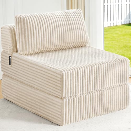Image of Convertible 4-in-1 Folding Sofa Bed Boneless Sleeper Chair Couch Foldable Chaise Lounger & Mattress Pocket Coils+Foam Fill Medium Support, No Assembly for Living Room /Bedroom, Single XL Beige