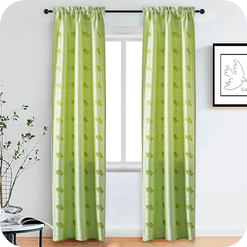 GIRASOLE Coppia Tende Semi Oscuranti Fantasia Cuori con Fili d'Argento Tenda per Soggiorno e Camera da Letto 2 Pannelli con Tasca (Verde, 70x240cm)