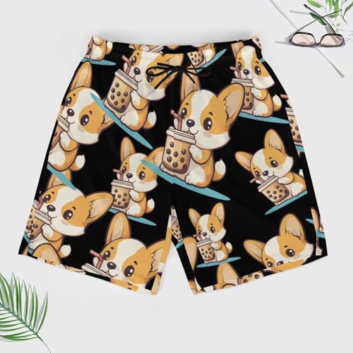 Corgi Dog Puppy Pearl Milk Tea Beach Shorts for Men Swim Trunks Quick Dry Swim Shorts with Compression Liner Pocket3