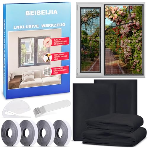 4 Stück Fliegengitter Fenster, Insektenschutz Fenster 150x180cm, Fliegennetz Fenster, Moskitonetz Fenster, mit Klettband Selbstklebend, Schützen die Familie vor Insekten (Schwarz)