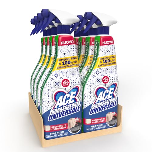 ACE Sgrassatore Spray Profumo di Marsiglia – Sgrassatore Universale per Superfici Casa e Cucina, Rimuove Grasso Ostinato e Sporco, Formula Zero Aloni con Profumo di Marsiglia, 8 spray da 600mL