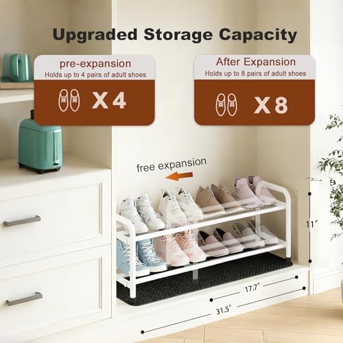 Image of KANAV 2-Tier Expandable Shoe Rack, Heavy Duty Adjustable Metal Shoe Organizer for Closet & Entryway, Freestanding, Tool-Free Assembly, White