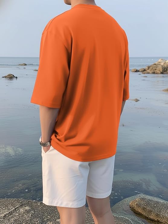 Image of LEOTUDE Men's Oversized T-Shirt | Cotton Blend | Half Sleeve | Crew Neck | Printed | Orange