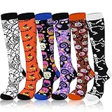 Shyyween 6 Pairs Halloween Compression Calf Socks for Women Men Knee High Socks Festival Halloween Running Nurses Travel(Classic)
