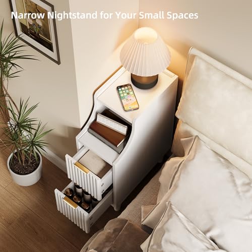 Image of 7.9 inch Narrow Fluted Nightstand Set of 2,Slim Side End Table with 2 Drawers,White Modern Bedside Table,Skinny Night Stand for Bedroom,Small Space