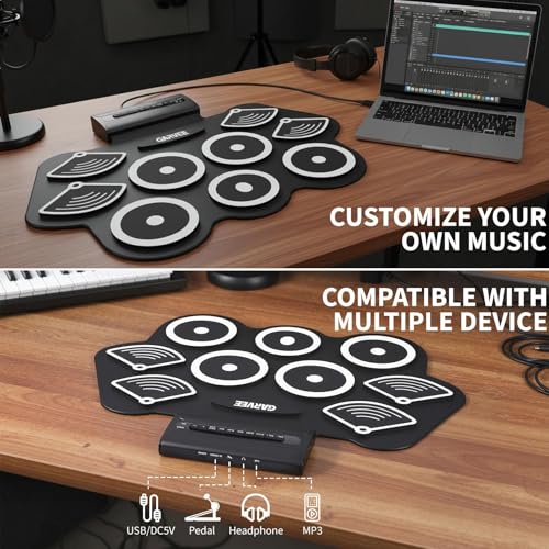 Image of Wireless Electronic Drum Set with 9 Pads, Portable Roll-Up Practice Kit for Kids & Beginners , Built-in Speaker, LED Lights, Recording & Headphone Output ,Includes Kick Pedal, Drum Sticks
