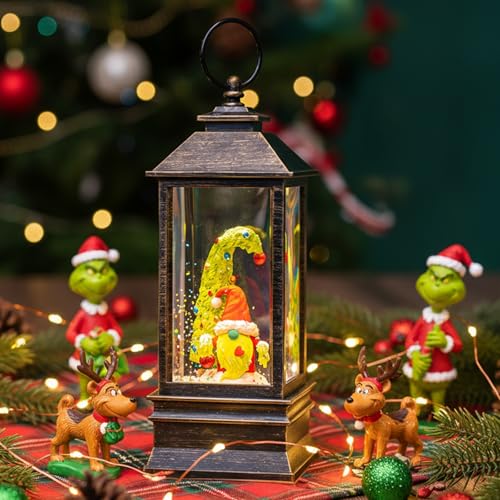 Christmas Snow Globe Lantern Water Glittering Xmas Gnome with Whimsical Christmas Tree USB Lined/Battery Operated Lighted Lantern for Christmas Festival Decoration Gifts