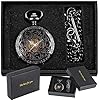 Tiong Black Steel Mechanical Pocket Watch Vintage Gear Analog Steampunk Skeleton Men's Pocket Watches with Chain #2
