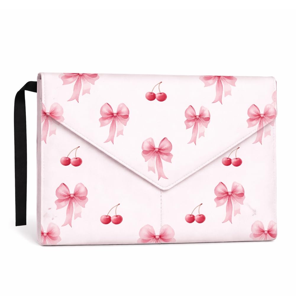 GOMAKERER 1Pc Waterproof Book Sleeve Cover for Book Lovers, Pink Bow Cherry Book Protector Washable Fabric Book Sleeve Pouch with Front Pocket and Snap Button for Paperbacks Reader Gift, 12x9 Inch