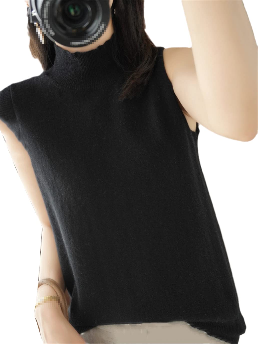 SaoBiiu Confortevole Sexy Mezzo Alto Collo Gilet Delle Donne Tinta Unita Pullover Senza Maniche Manica Corta T-Shirt, Nero , S