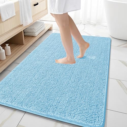 Image of OLANLY Large Bathroom Rugs 59x35, Extra Soft Absorbent Chenille Bath Rugs, Rubber Backing Quick Dry, Machine Washable Bath Mats for Bathroom Floor, Tub and Shower, Home Decor Accessories, Sky Blue