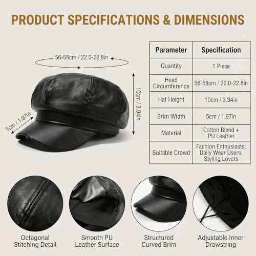 Gorra tipo Baker Boy para mujer en cuero PU negro miniatura 2