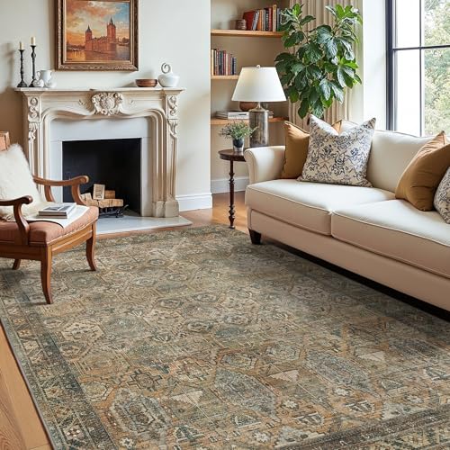 GENIMO 8x10 Area Rugs for Living Room, Machine Washable Non Slip Vintage Rugs, Low Pile Lightweight Chenille Print Rug for Bedroom, Dining Room, Home Office, Warm Taupe
